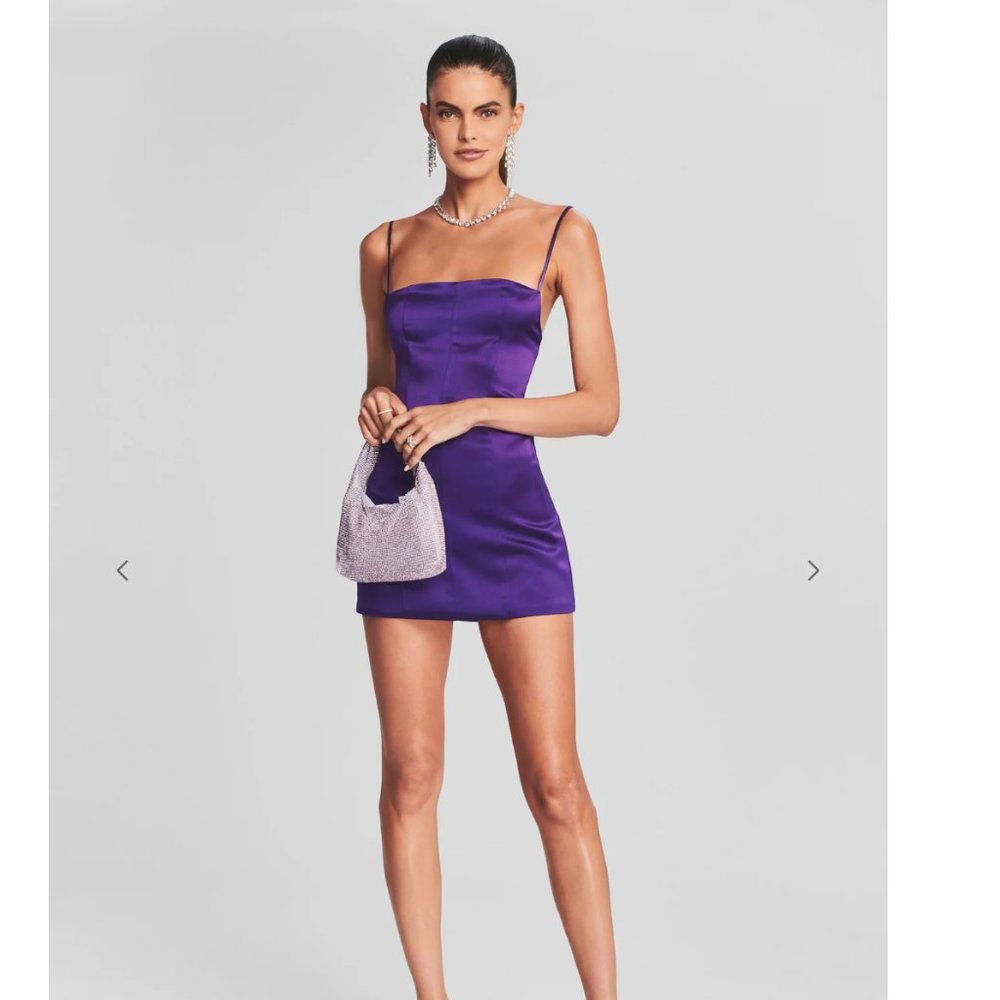 Retrofete Janessa Dress Size Medium Purple Bachelorette Mini Bodycon Satin Party
